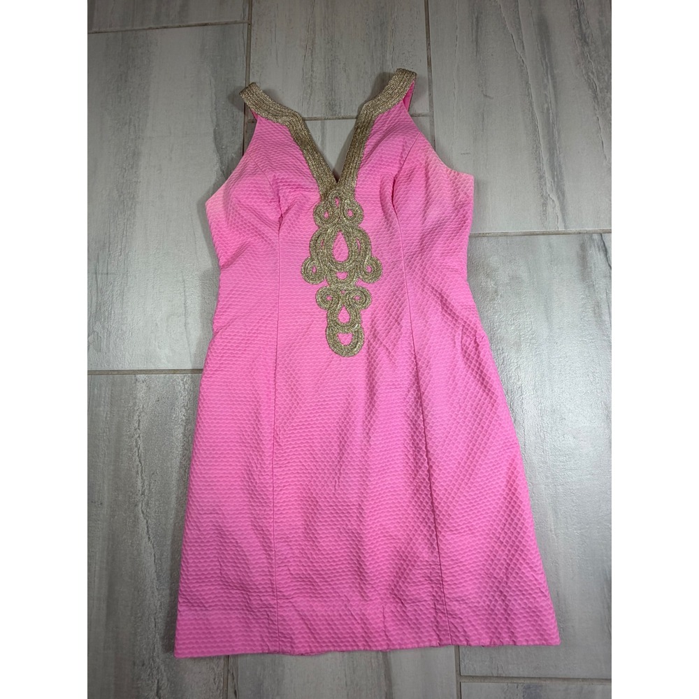 Lilly Pulitzer Pink Cotton Pique Gold Soutache V-Neck Shift Dress Size 4